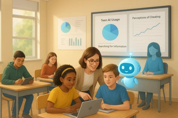 A teacher guides students as a friendly blue robot assists at a laptop.