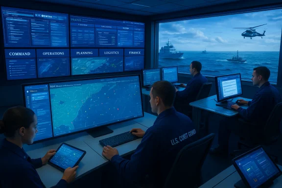 Coast Guard crew analyzes maritime operations from a high-tech command center overlooking the sea.