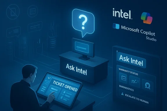 A futuristic Intel booth with 'Ask Intel' displays and a 'Ticket Opened' console.