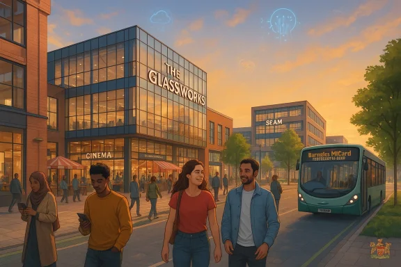 Sunset glow over The Glassworks cinema, with pedestrians and a bus on a busy street.