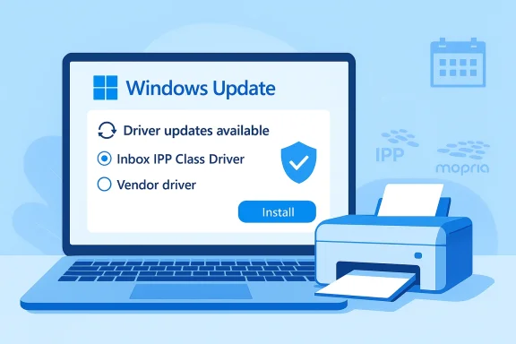 Windows Update dialog on a laptop listing driver options with an Install button beside a printer. Windows Update dialog on a laptop listing driver options with an Install button beside a printer.
