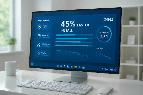 A modern desktop shows a blue software dashboard with 45% faster install and a 9:30 restart timer.