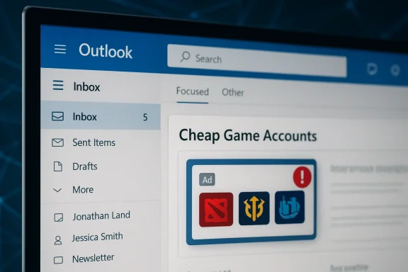 Outlook inbox on a laptop screen showing an email titled 'Cheap Game Accounts'.