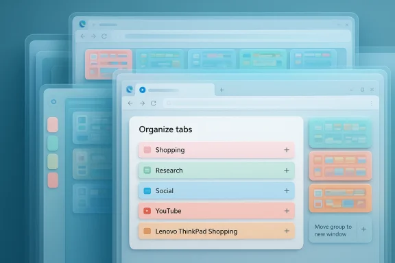 Pastel, layered browser UI featuring a color-coded 'Organize tabs' panel.