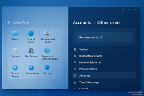 Split-screen Windows UI: Control Panel tiles on the left and Accounts settings on the right.