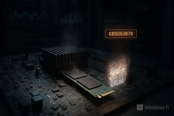 Close-up of a PC motherboard with a glowing, spark-emitting chip and Windows 11 logo.