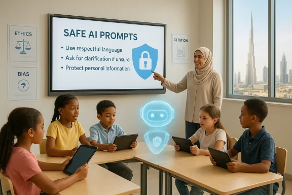 A teacher leads kids in a classroom lesson about Safe AI Prompts, each student with a tablet.