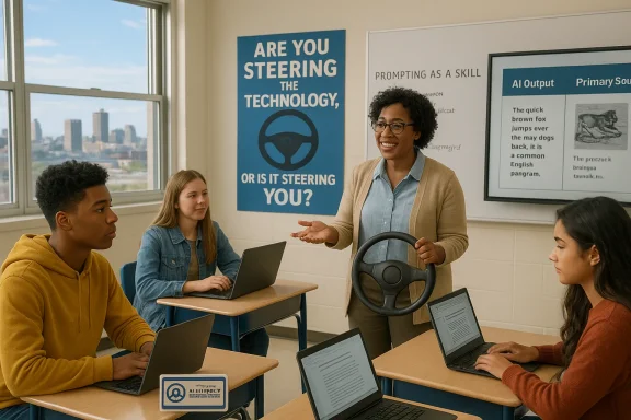 Teacher leads a classroom discussion with a steering wheel prop and students on laptops.