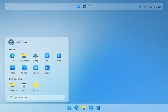 Windows-style desktop with a rounded Start menu showing John Doe on a blue gradient wallpaper.