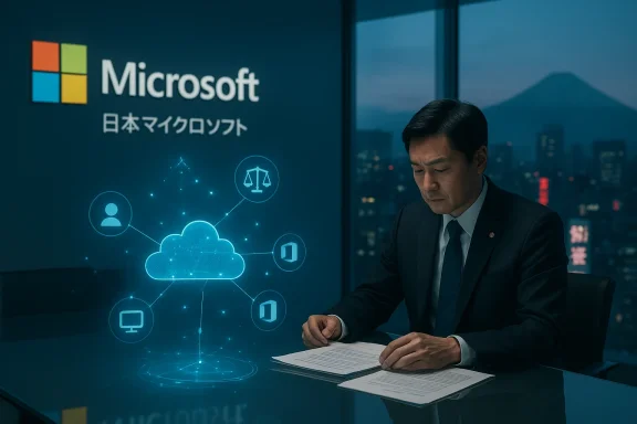 A businessman in a suit signs documents in a Microsoft Japan office beside a glowing cloud-network hologram.