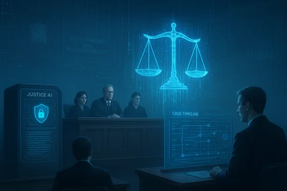An AI-assisted courtroom scene with glowing scales of justice and digital case dashboards.
