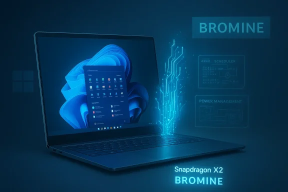 A laptop glows with a blue holographic BROMINE schematic and Snapdragon X2 branding.