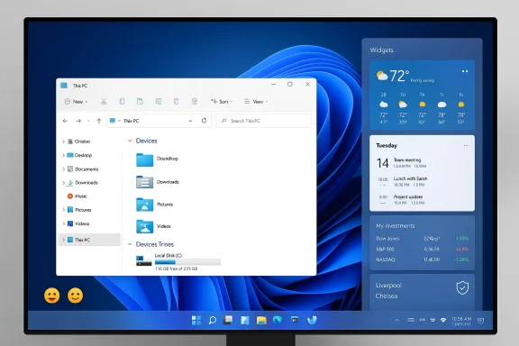 Windows 11 desktop showing File Explorer open, with a right-side weather and calendar widgets panel.