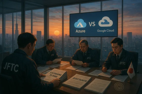 JFTC team compares Azure and Google Cloud in a sunset-lit boardroom.