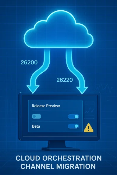 Cloud orchestration channel migration: cloud-to-computer data flow with Release Preview and Beta toggles.