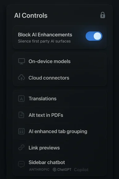 AI Controls: Block AI Enhancements toggle turned on in a dark, rounded panel. AI Controls: Block AI Enhancements toggle turned on in a dark, rounded panel.