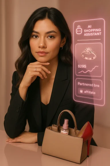 A stylish woman in a black blazer sits beside a neon AI shopping assistant hologram and beige handbag.