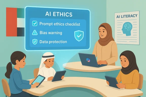 Diverse students and a teacher review an AI ethics checklist on a large screen.