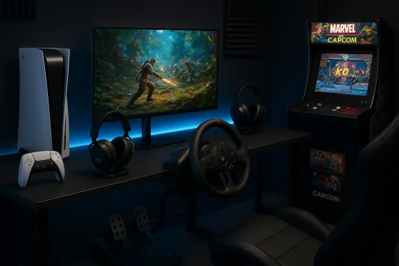 A dark gaming setup with PS5, large monitor, steering wheel, headphones, and a Marvel vs Capcom arcade cabinet. A dark gaming setup with PS5, large monitor, steering wheel, headphones, and a Marvel vs Capcom arcade cabinet.