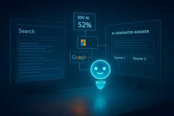 A glowing AI assistant links search results to AI-generated answers from Google and Microsoft.