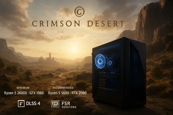 A black PC tower with blue-lit fans stands in a desert canyon beneath the Crimson Desert banner.
