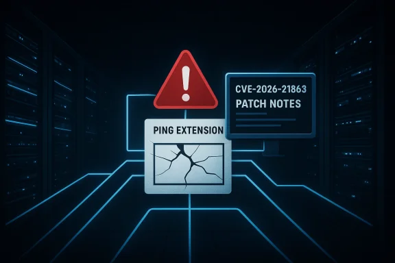 A data center warning display shows CVE-2026-21863 patch notes with a cracked Ping Extension sign.