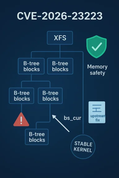 CVE-2026-23223: memory-safety bug in XFS B-tree blocks; upstream fix in stable kernel.
