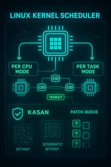 Neon schematic of a Linux kernel scheduler showing per-CPU and per-task modes.
