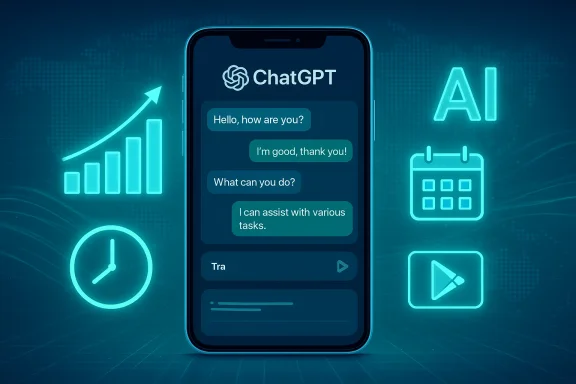 Neon-lit smartphone shows a ChatGPT chat surrounded by AI and data graphics.