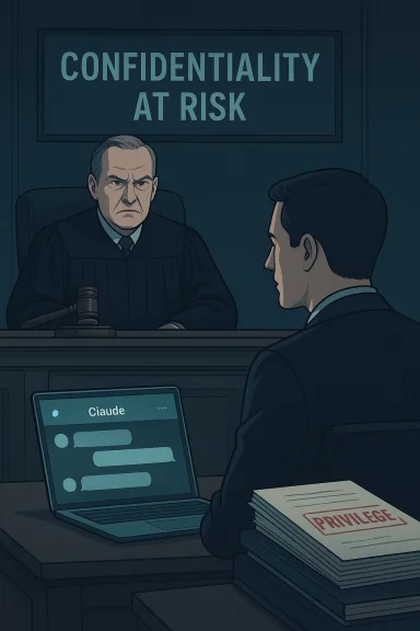 Courtroom scene: a lawyer faces a judge beneath a 'Confidentiality at Risk' sign, with privilege papers on the desk.