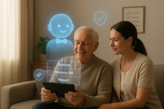 An elderly man and his caregiver view a tablet with a blue holographic AI assistant.