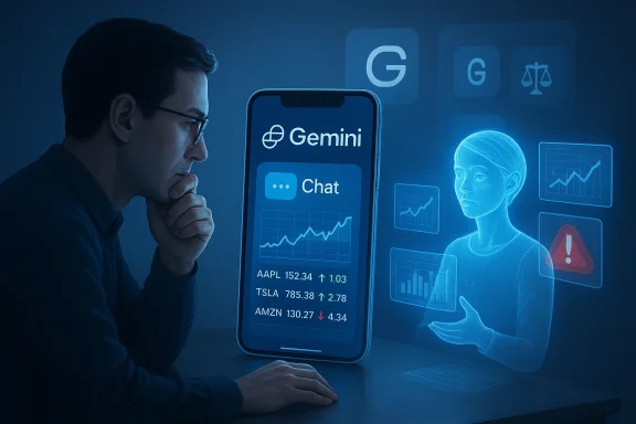Man analyzes stock charts on a giant Gemini chat screen with a holographic AI assistant.