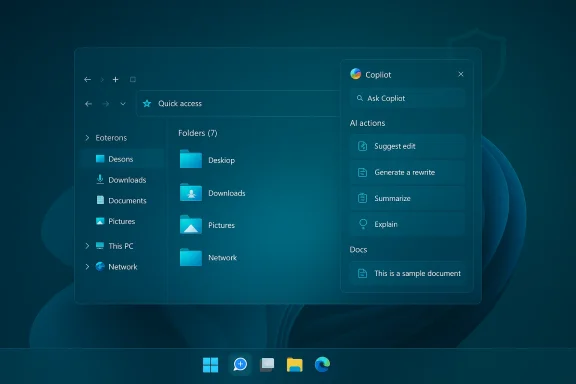 Teal Windows-like desktop with File Explorer and Copilot panel.