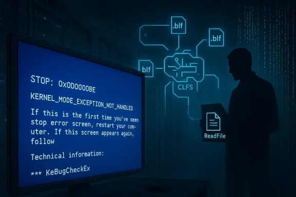 Silhouette in a data center monitors a blue screen of death showing a kernel error.