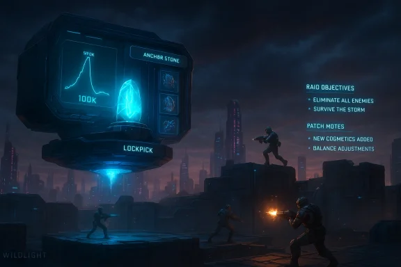 Blue holographic lockpick tower hovers above ruins as soldiers engage in a sci-fi battle.