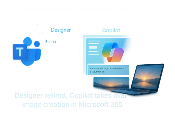 Blue-tinted image showing Copilot taking over image creation from a designer in Microsoft 365.