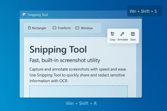 Windows Snipping Tool UI with Rectangle/Freeform/Window modes and crop/annotate/save options, and Win+Shift+S/R shortcuts.