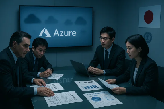 Four executives review licensing documents around a conference table as Azure appears on the screen.