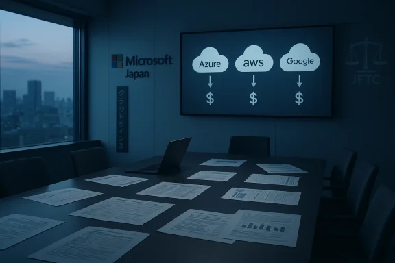 Conference room with Microsoft Japan branding; screen shows Azure, AWS, and Google cloud logos.
