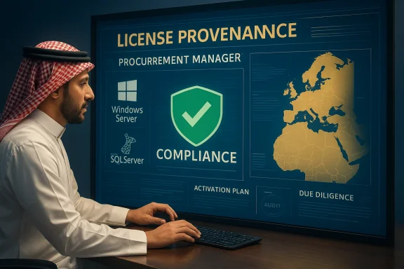 A man in traditional attire studies a blue License Provenance compliance dashboard.