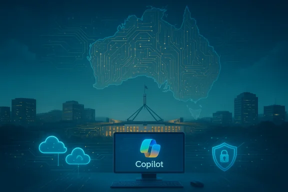 Copilot on a desk beneath a glowing Australia-shaped circuit map.