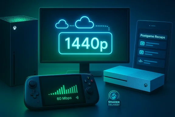 Neon-lit gaming setup with a 1440p cloud display, Xbox console, handheld device, and shader delivery badge.