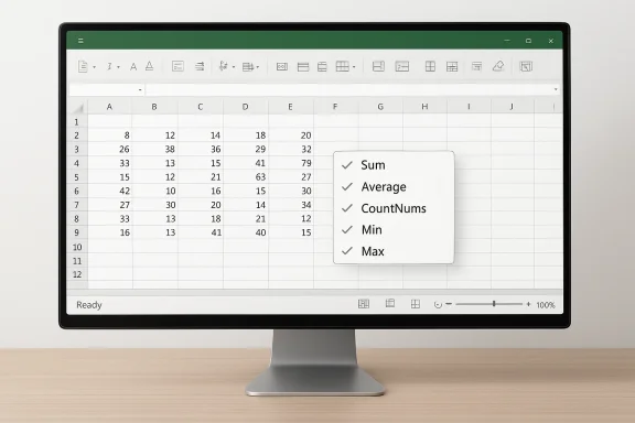 A computer monitor shows a spreadsheet with a popup listing Sum, Average, CountNums, Min, Max.