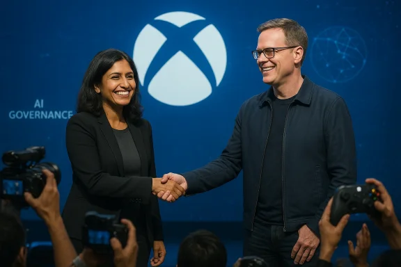 Two professionals shake hands on stage at an AI governance event, smiling as cameras record. Two professionals shake hands on stage at an AI governance event, smiling as cameras record.