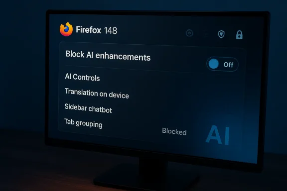 Firefox 148 settings page showing “Block AI enhancements” with the toggle set to Off.