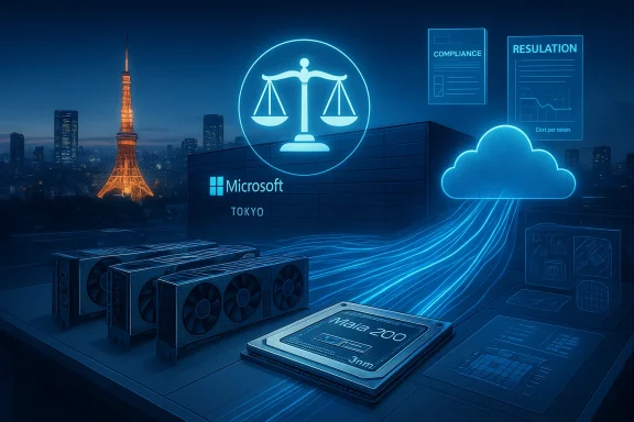 Futuristic Microsoft Tokyo data center with neon cloud, scales of justice, and GPU hardware.