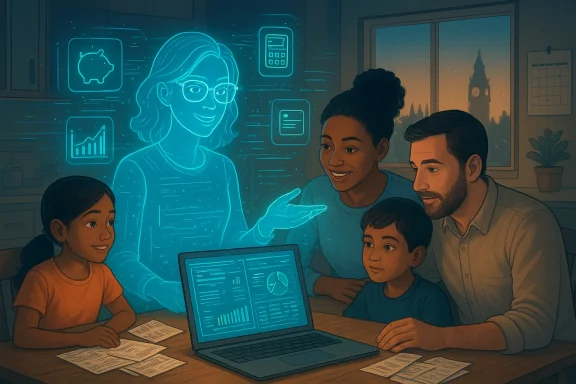 A family sits around a laptop as a glowing holographic advisor shares data.