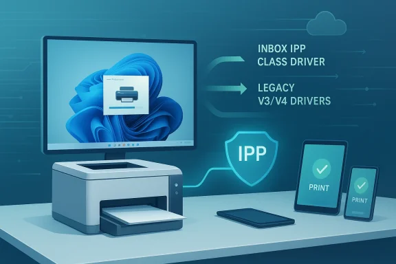Blue-toned desk setup illustrating IPP printing with a monitor, printer, and tablets. Blue-toned desk setup illustrating IPP printing with a monitor, printer, and tablets.