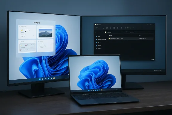 Laptop with two large monitors displaying Windows 11 wallpaper and a dark file explorer.