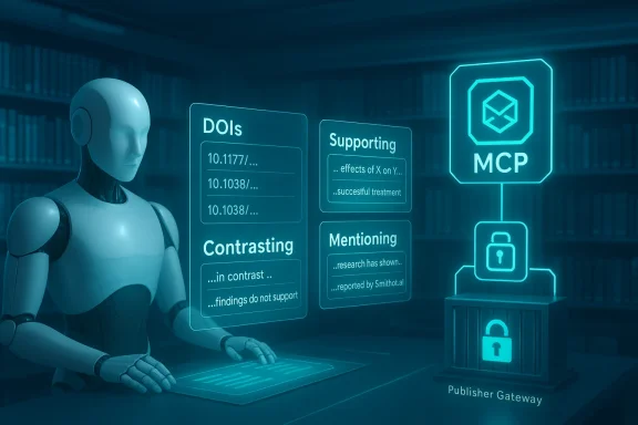 A humanoid robot reviews DOIs and research notes on glowing holographic panels.